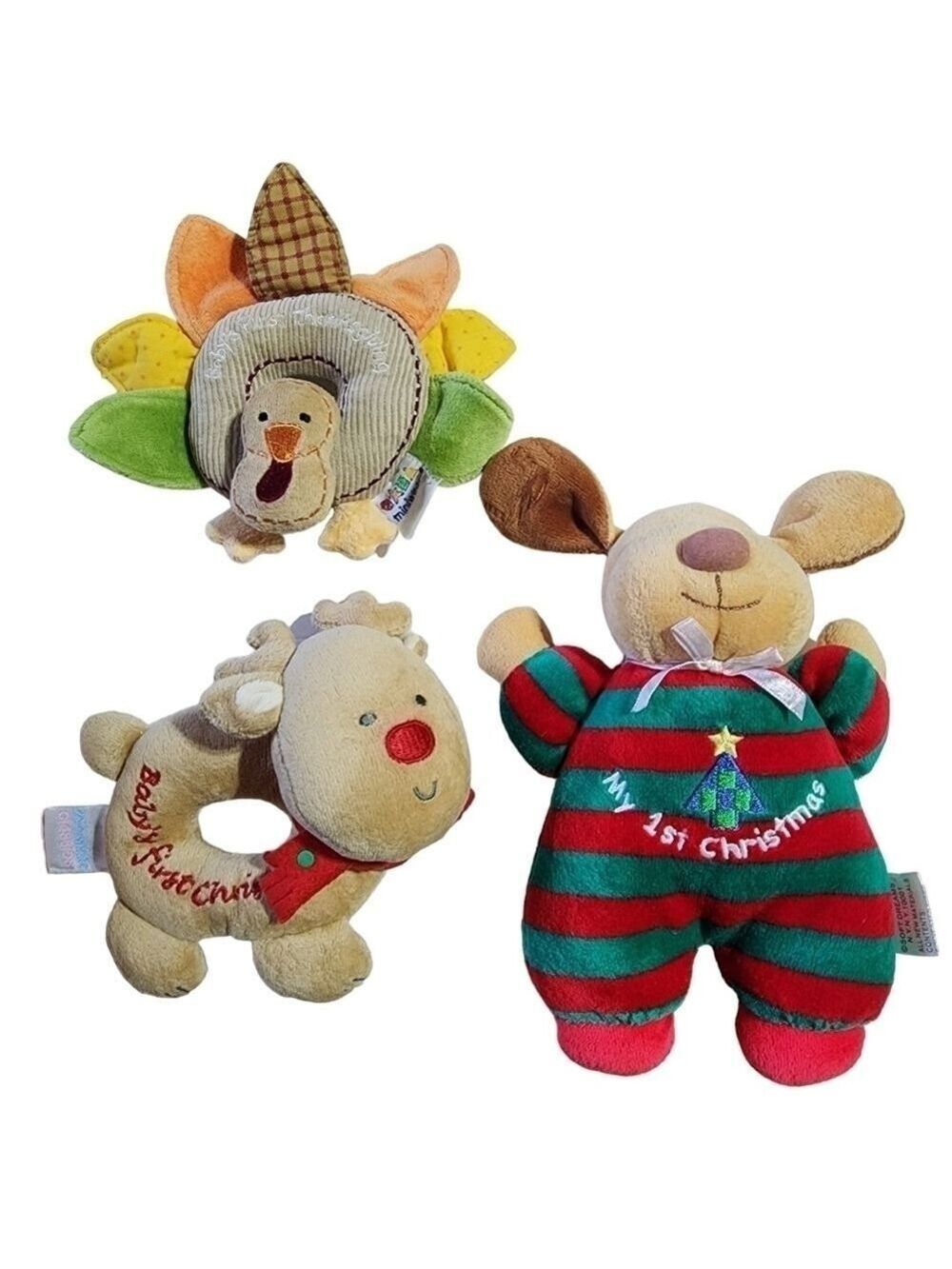 Baby's 1st Christmas & Thanksgiving rattle lot of 3 Reindeer Puppy Turkey
